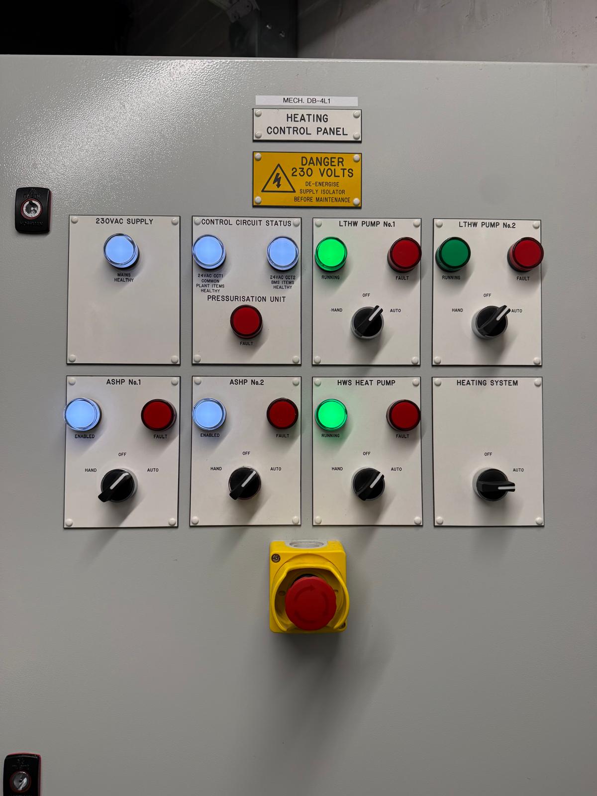 Heating control panel front for a school ASHP and LTHW pump plant, wired and commissioned by BIAV Controls
