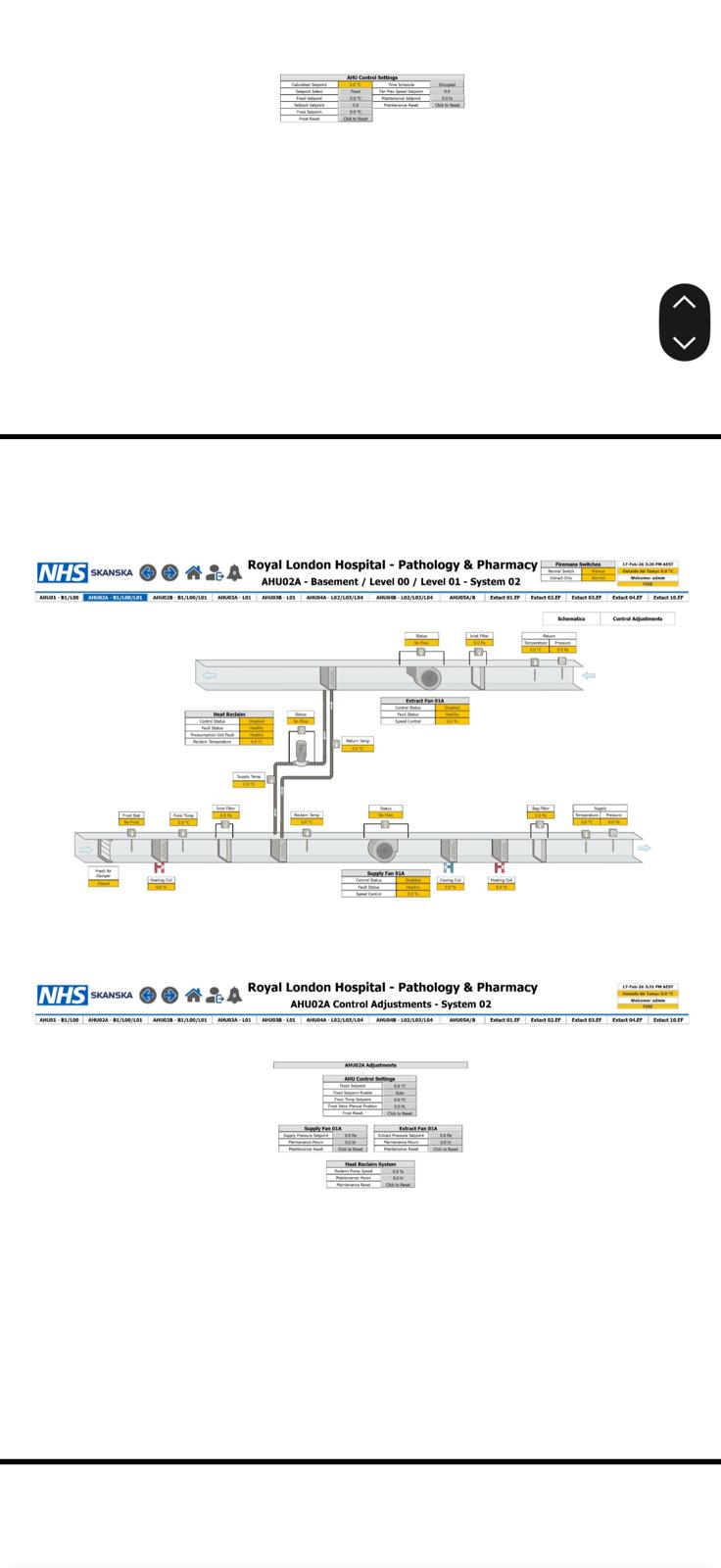 AHU02A BMS mimic graphic designed by BIAV Controls for Royal London Hospital (NHS Skanska)