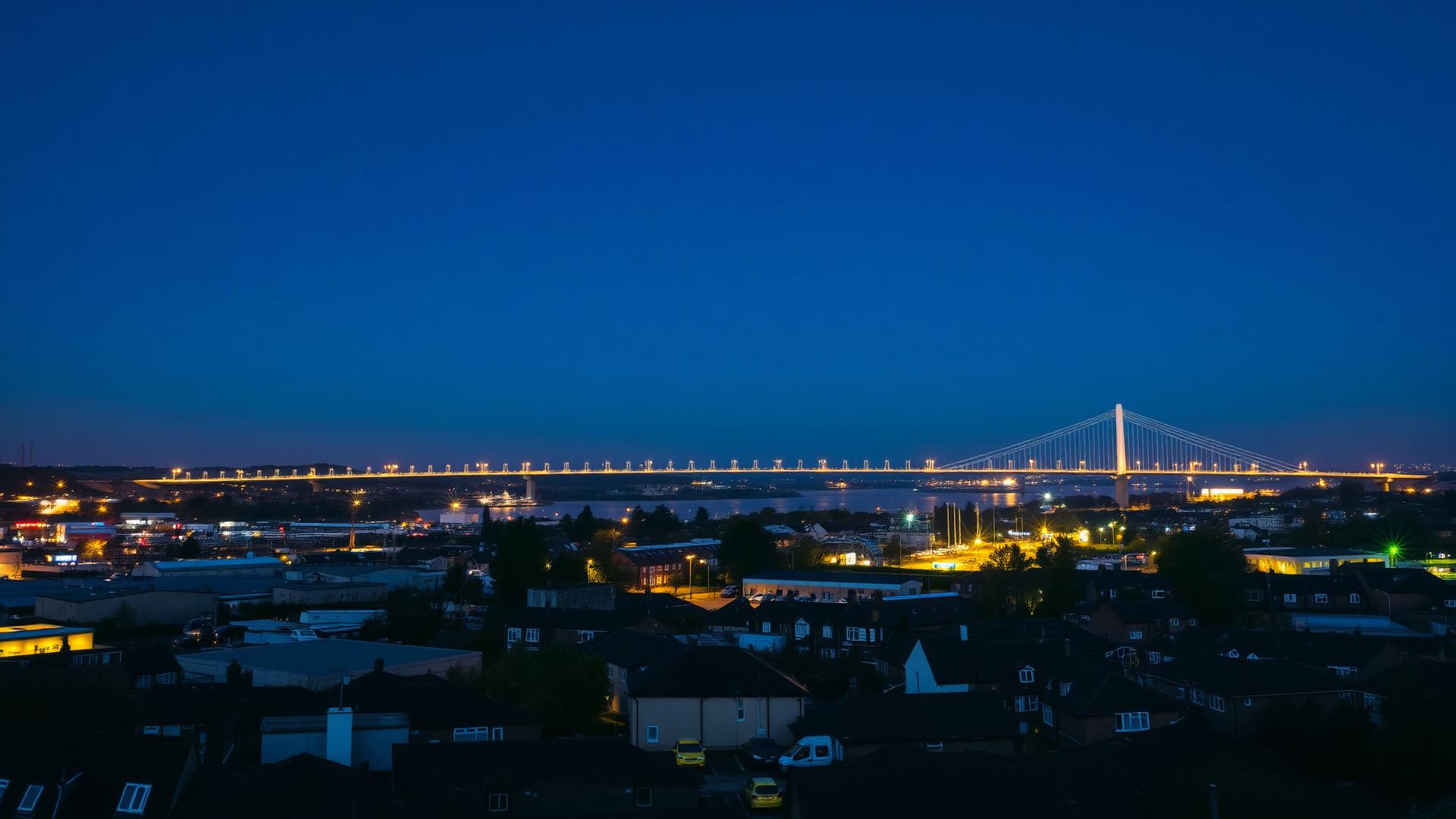Queen Elizabeth II Bridge (Dartford Crossing) at dusk seen across the Bexley riverside