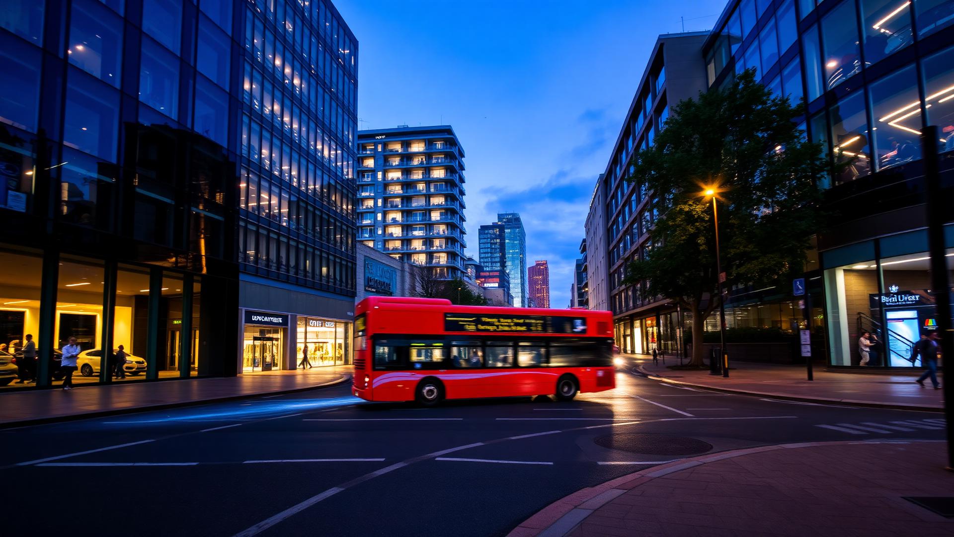 Bromley High Street at dusk with modern commercial buildings and a red London bus in motion
