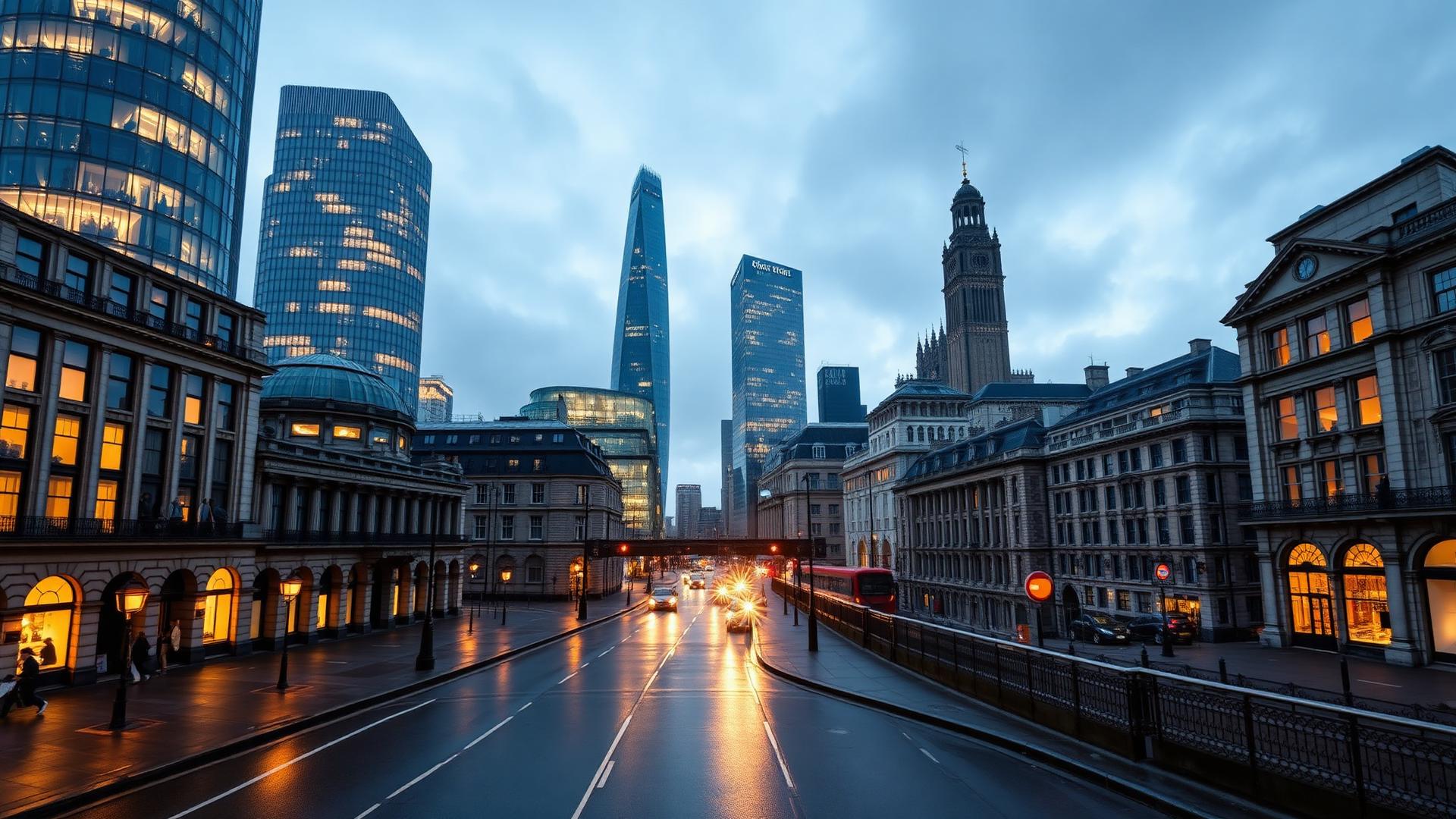 City of London financial district skyline at dusk with towers around Bank junction