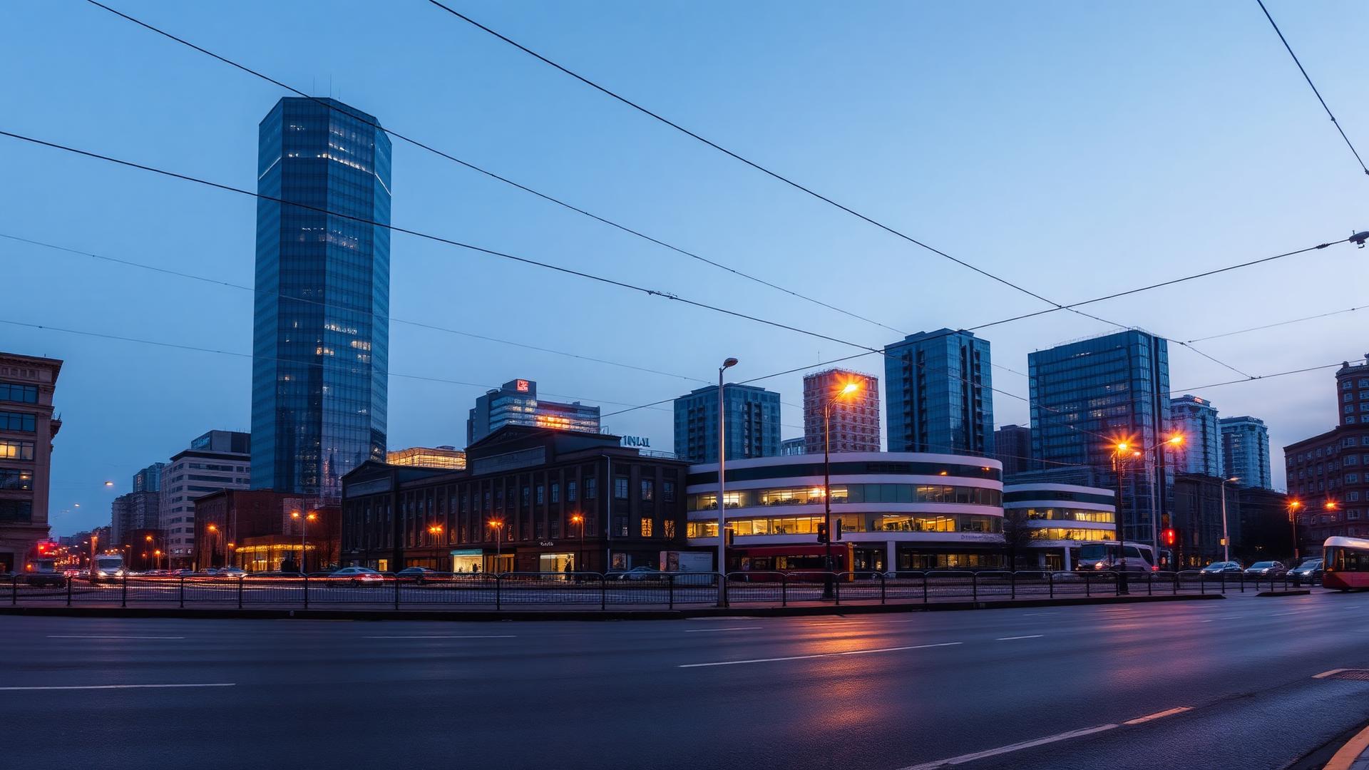 Croydon skyline at dusk with No.1 Croydon (NLA Tower) and tram wires across the town centre