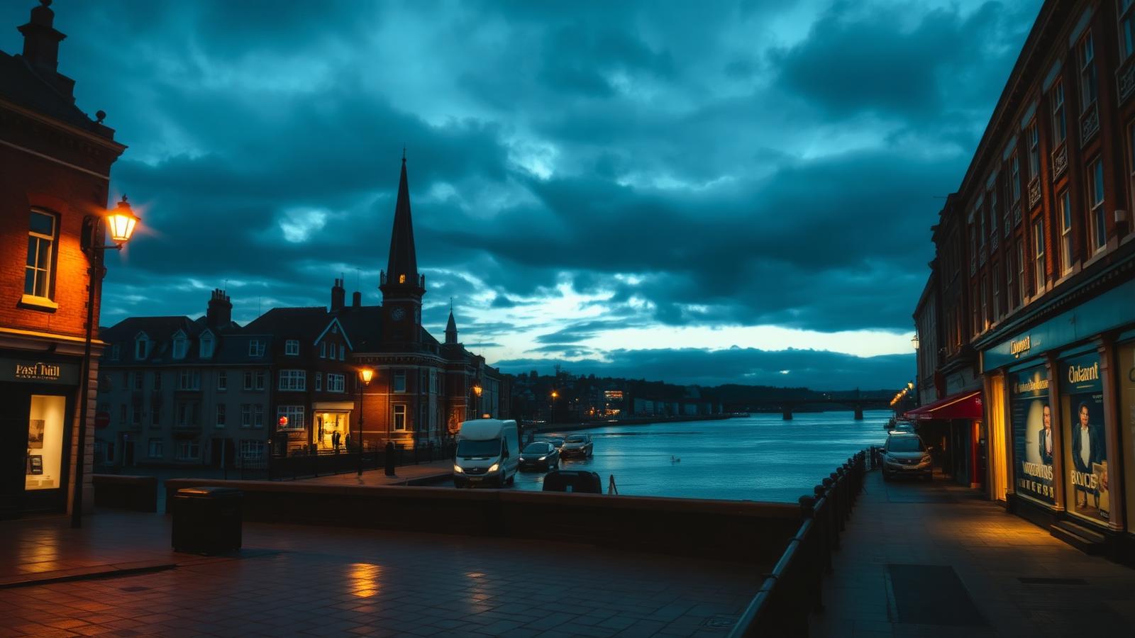 Dartford town centre at dusk with the River Darent and historic high street architecture