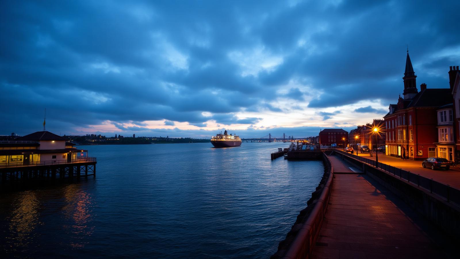 Gravesend riverside at dusk with the Town Pier and Thames Estuary shipping