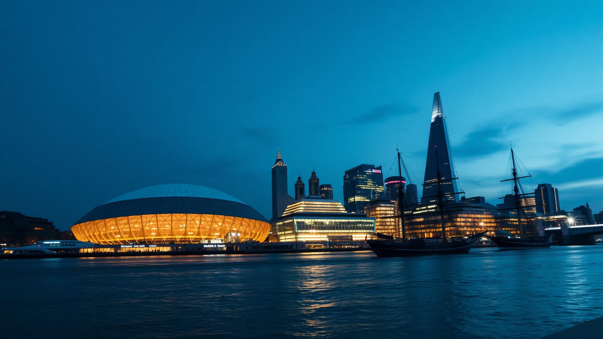 Greenwich Peninsula skyline at dusk with the O2 dome and Canary Wharf towers across the Thames