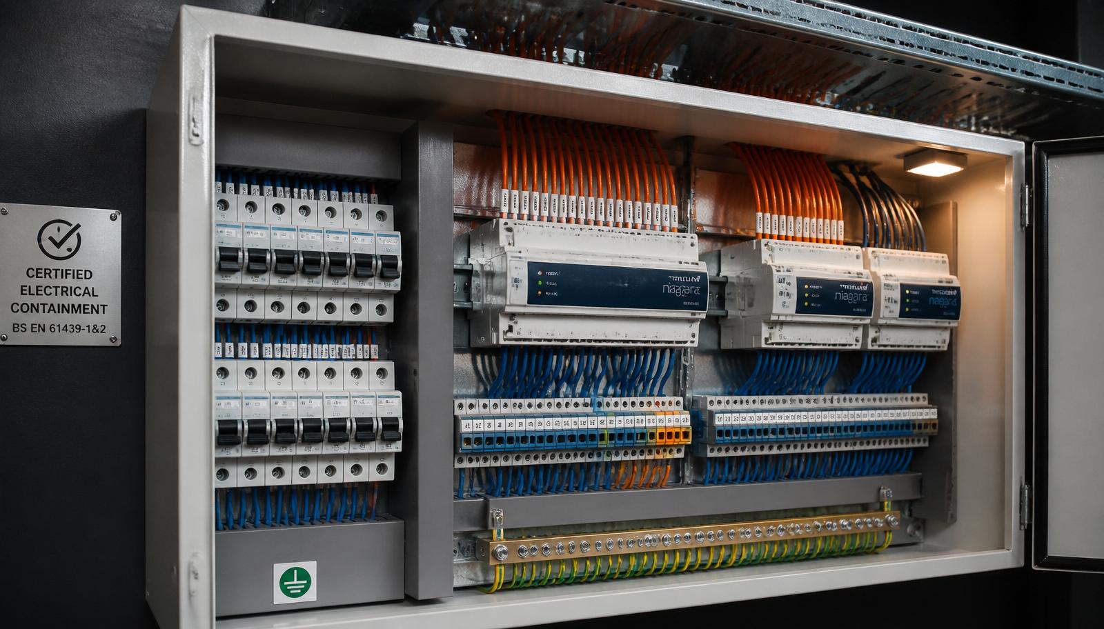 Certified BMS electrical installation with dressed containment, BACnet controllers and MCB protection