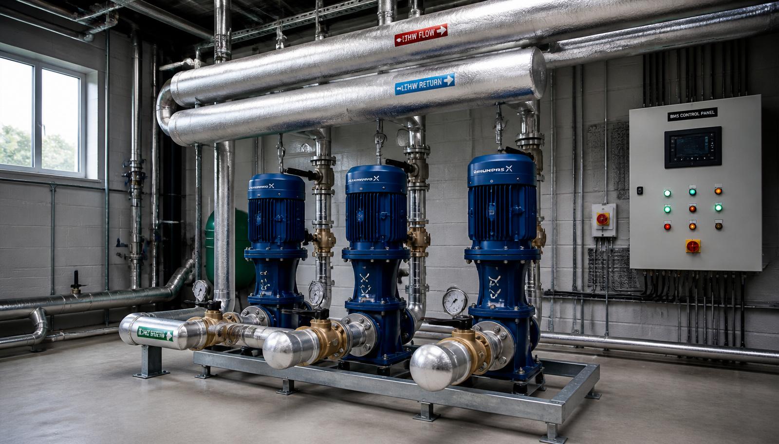 Commercial LTHW plantroom with inline pumps and a BMS control panel maintained under a PPM contract