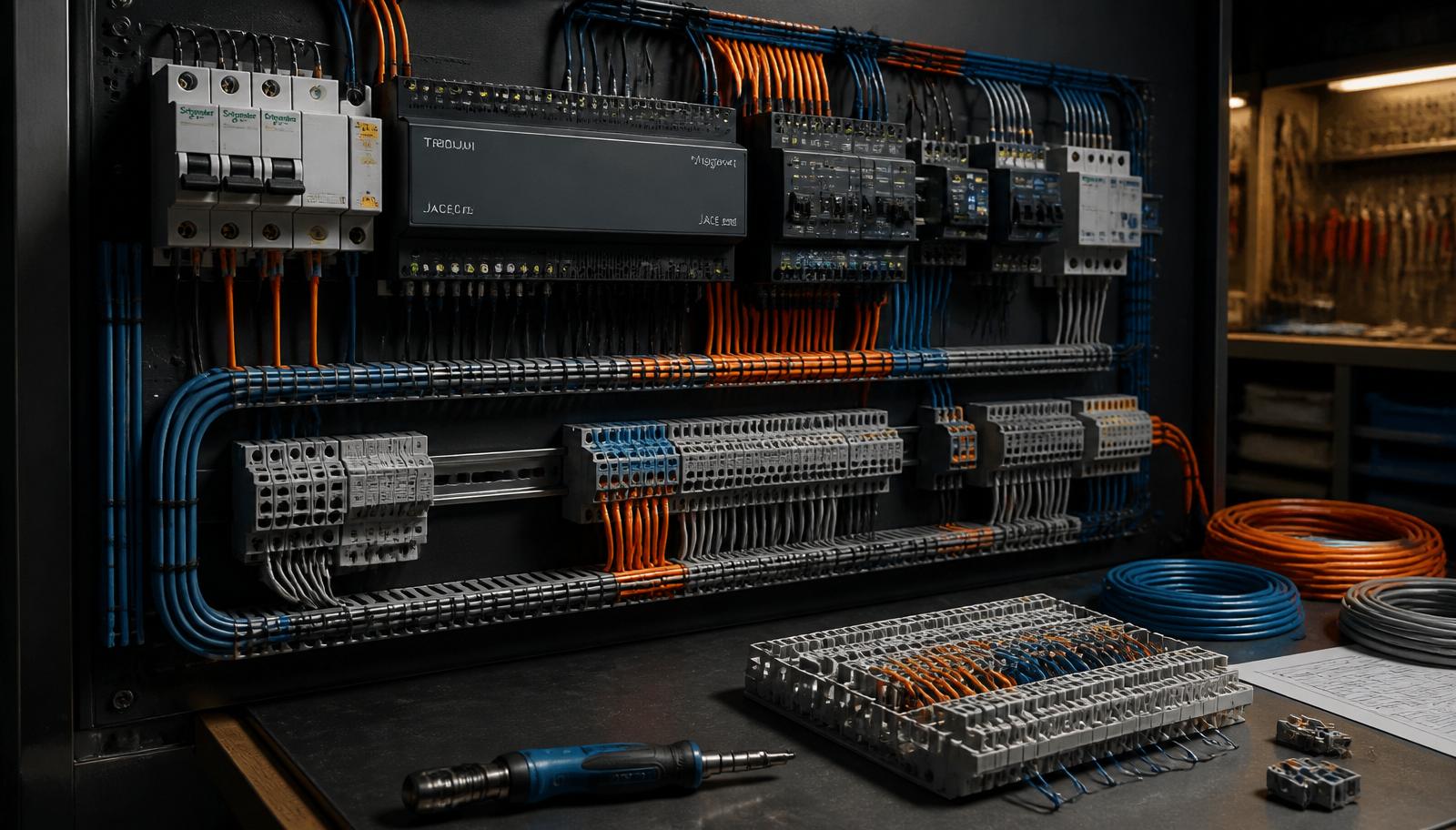 BMS control panel under manufacture: DIN-rail controllers, MCB protection and dressed control cabling