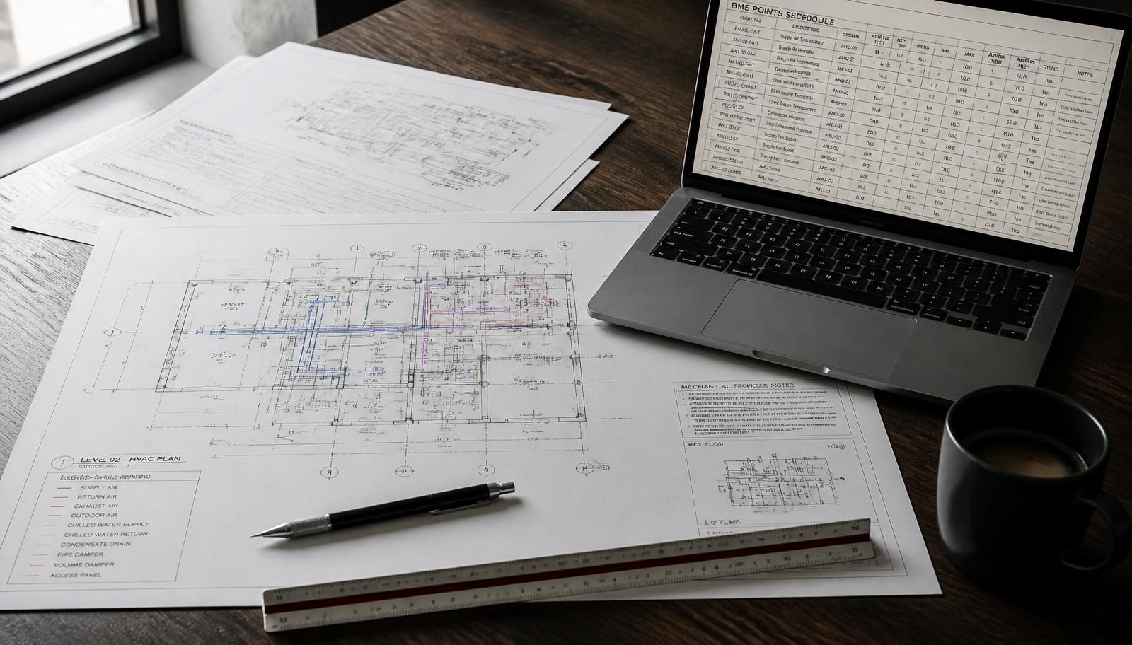 BMS pre-design workspace with HVAC schematic drawings and a laptop showing a BMS points schedule