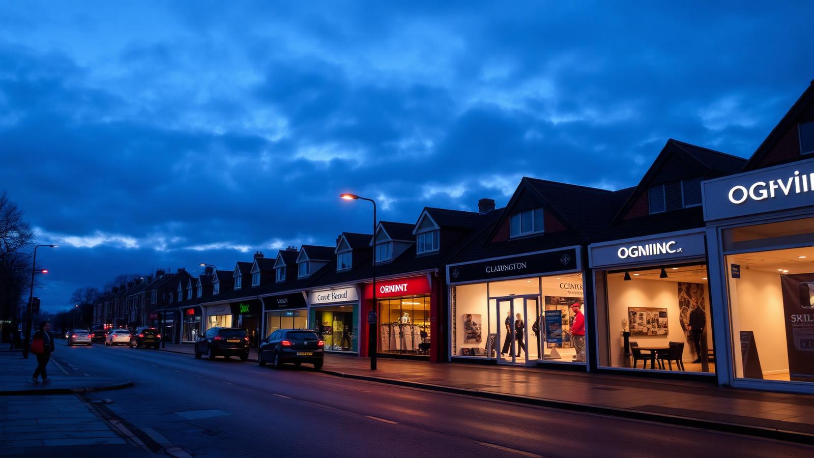 Orpington high street at dusk with suburban shopfronts and streetlights