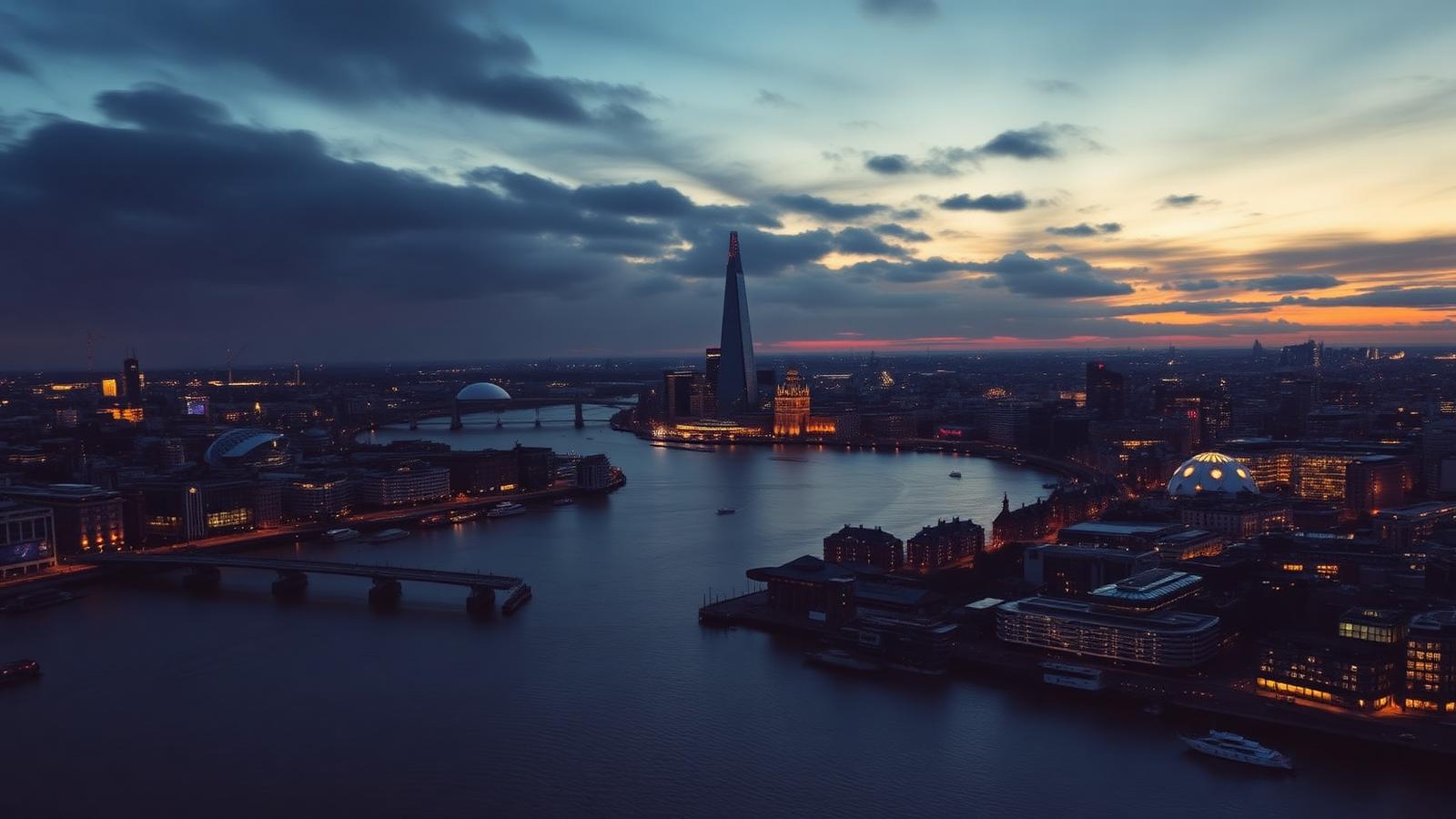 South East London skyline at dusk with the Thames, The Shard, Canary Wharf and the O2 dome