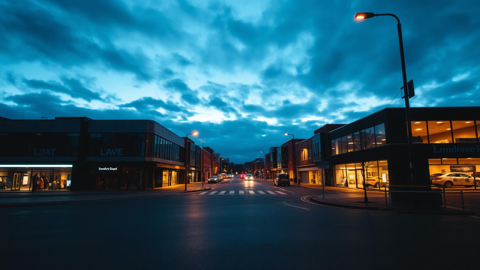 Swanley town centre at dusk with modern commercial buildings and warm streetlights along London Road